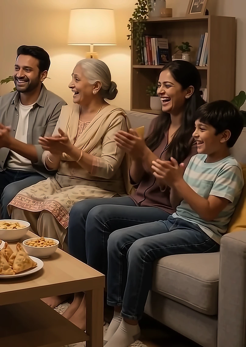 South Asian family laughing together on the sofa during movie night at home in Australia