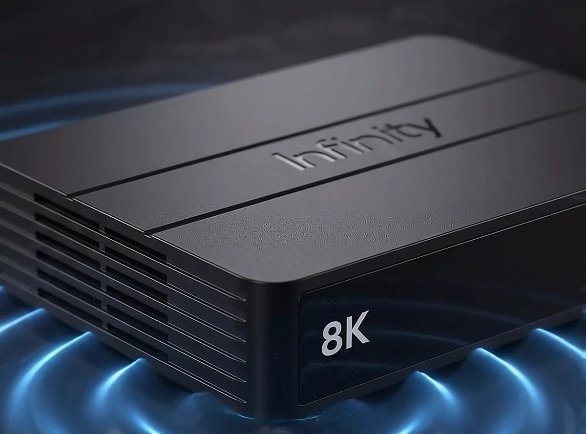 Infinity TV 8K set-top box from the side, showing the 8K badge and ports