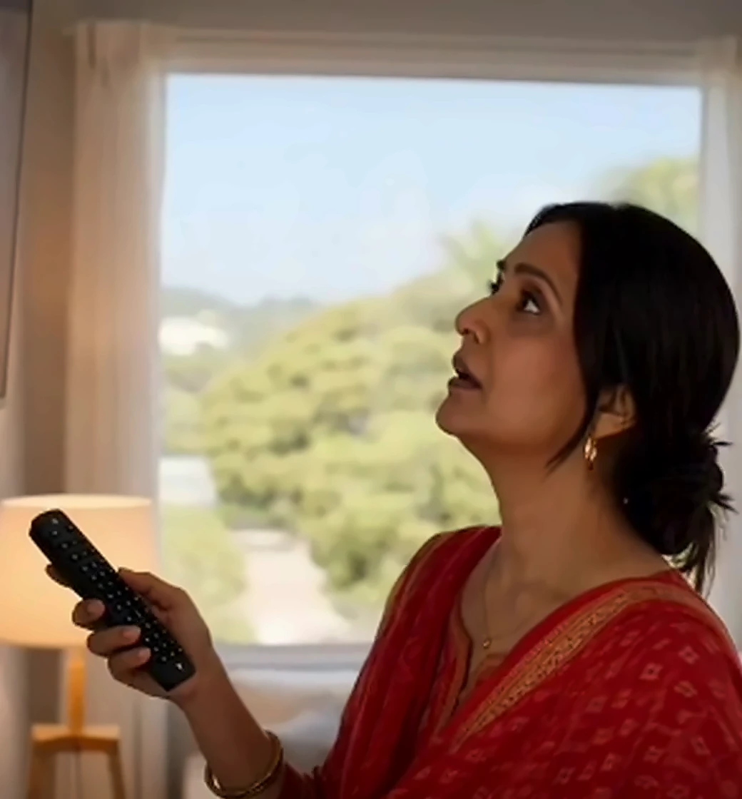 Indian mum in a red saree using the Infinity remote to pick a Telugu movie