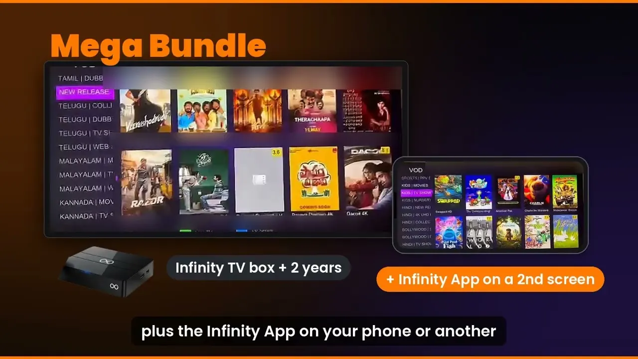 Infinity TV video preview: the TV menu with movies and shows, the Infinity box and the Infinity App on a phone